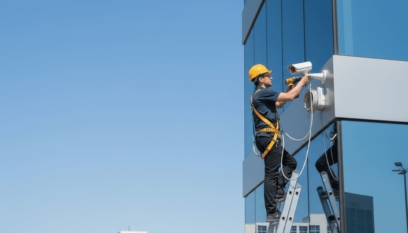 Security technician installing professional CCTV surveillance camera on building